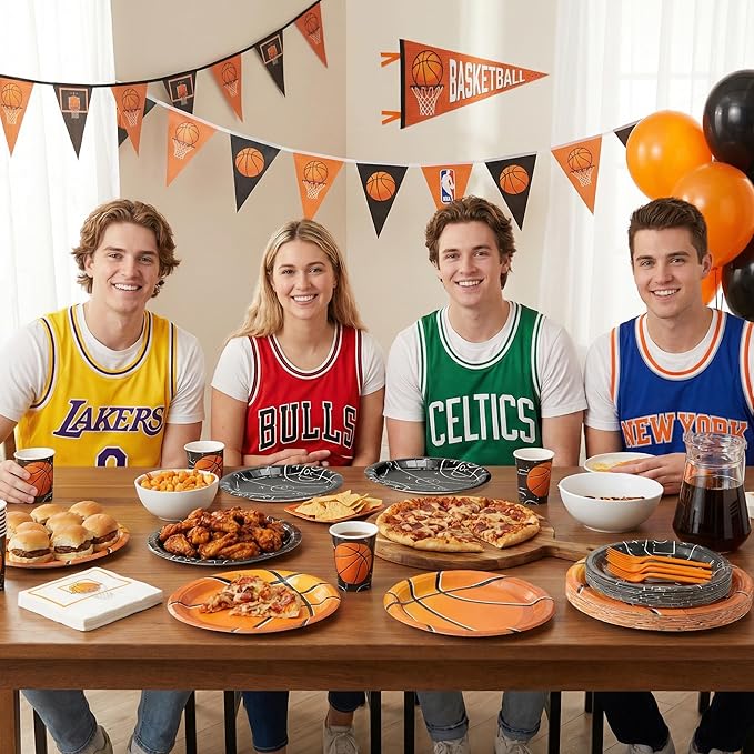 96Pcs Basketball Party Plates Supplies Sports Theme Tableware Decorations Disposable Paper Plates Napkins Forks for Team Celebrations Birthday Party, Serves 24