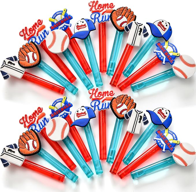 Winrayk Baseball Party Favors, 24Pcs Baseball Themed Mini Bubble Wands for Kids Bubbles Bulk with Detachable Topper (6 Styles), Birthday Gift Classroom Prizes Girl Boys Sports Goody Bag Stuffer Supply