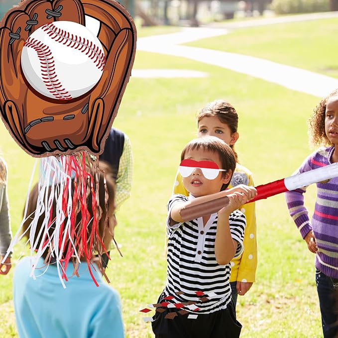 Baseball Piñata with Blindfold Bat for Birthday Party Softball Paper Piñata Sports Balls Confetti Baseball Party Supplies for Birthday Party Decorations 13.19 x 13.19 x 3 Inch(Cool)
