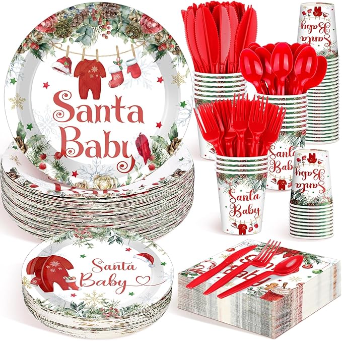 Dandat 350 Pcs Baby Shower Plates Set Serves 50 Tableware Sets Include Plates Napkin Cup Forks Knives Spoons Disposable Dinnerware (Christmas Santa Baby,Red)