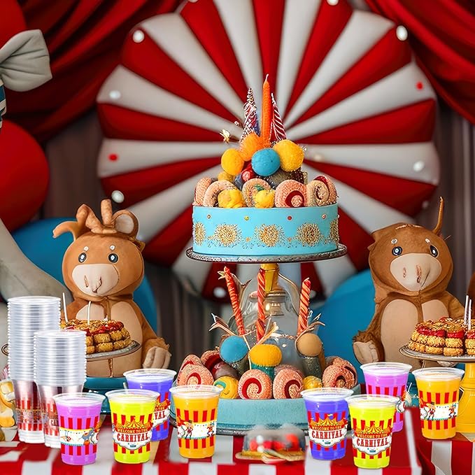 Jinei 60 Pcs Circus Carnival Party Plastic Cups Bulk 16 oz Circus Theme Disposable Cups Clear mug Drinking for Carnival Birthday Party Supplies Decorations