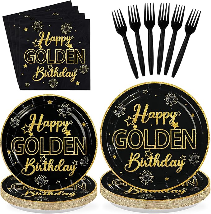 96Pcs Golden Birthday Party Decorations Happy Golden Birthday Paper Plates and Napkins Sets Black and Gold Birthday Decorations for Men Women Bday Party Supplies Serves 24