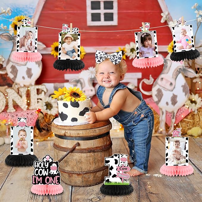 Holy Cow Im One Birthday Decorations, Cow First Birthday Decorations Honeycomb Centerpiece for Table, Baby 1st Birthday Cow Themed Photo Table Centerpiece Party Supplies