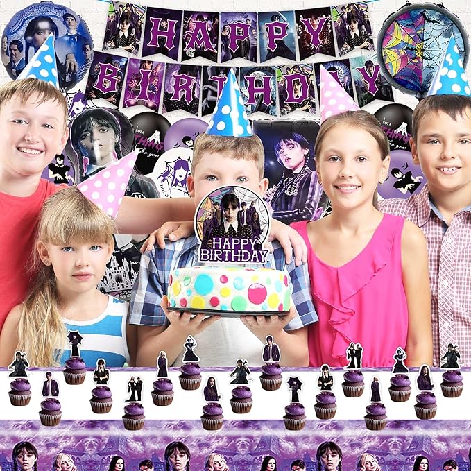 Wednesday Inspire Birthday Party Decorations, Wednesday Inspire Party Supplies Include Banner, Foil Balloons, Latex Balloons, Tablecloth, Cake Toppers