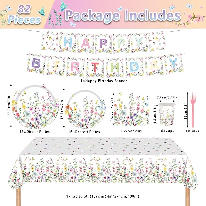 82PCS Spring Floral Party Supplies: Pink & White Floral Dinnerware Set with 16pcs Plates, Napkins, Cups & Forks, 'HAPPY BIRTHDAY' Banner, Tablecloth for Birthday Parties
