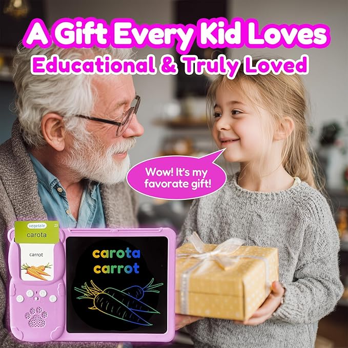 Drawing Tablet with Bilingual Flashcards for Kids - Italian English Talking Flash Cards, LCD Writing Pad Board, Pocket Speech for Toddlers, Learning Toy Gift for Boys Girls (Italian, Pink)