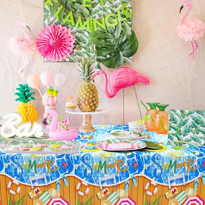 3 Pieces Pool Party Plastic Tablecloths, 54 * 108 Inch Summer Beach Table Covers, Hawaiian Beach Theme Table Cloth for Pool Party Decorations