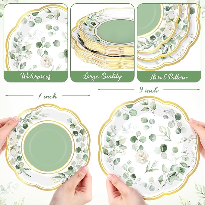 60 Pcs Eucalyptus Greenery Paper Plates 9 in and 7 in Sage Green Dessert Party Plates with Gold Rim Disposable Floral Shape Tableware for Wedding Birthday Party Baby Shower Bridal Shower