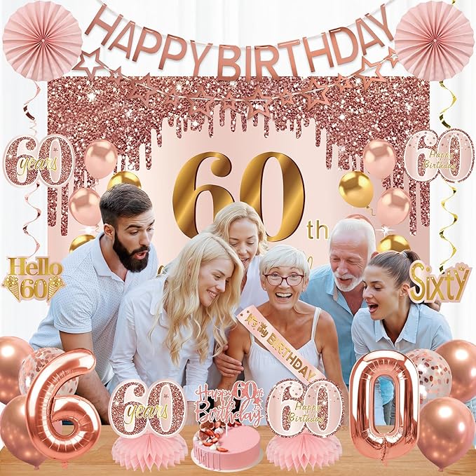 60th Birthday Decorations for Women, Pink Rose Gold Happy 60 years old Birthday Banner Backdrop Sash Table Cake Topper Balloons Honeycomb Centerpieces Hanging Swirls Paper Fans Party Supplies