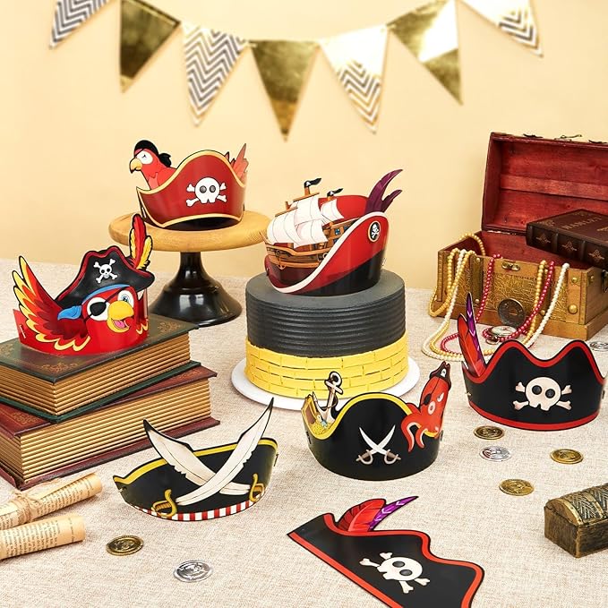 WERNNSAI Pirate Birthday Party Hats - 12 Pcs Birthday Party Supplies Crowns Colorful Paper Party Hats for Pirate Caribbean Cosplay Favors
