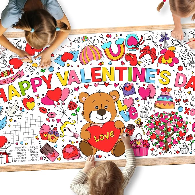 Gatherfun Valentine's Day Activity Poster - 31.5 x 72 Inches, Happy Valentine's Day Party, Versatile Paper Coloring Banner/Table Cover for School Parties and Special Events Decoration