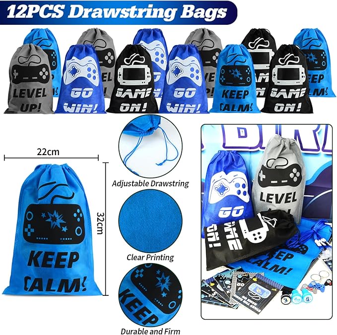 KISPATTI 126 PCS Video Game Party Favors, Gaming Birthday Party Favors with Drawstring Bags VIP Pass Tickets Stamper Notebook Game On Party Favor Bags Gamer Party Supplies
