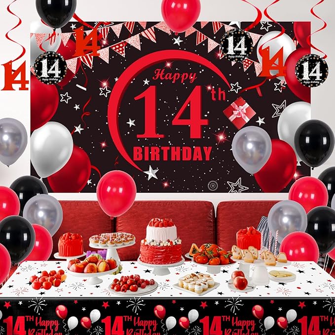 14th Birthday Decorations for Boys Girls, Red Black Happy 14 Birthday Party Decorations, 14th Birthday Backdrop Banner Tablecloth Triangle Flag Balloons, 14 Year Old Boy Bday Party Supplies Decor