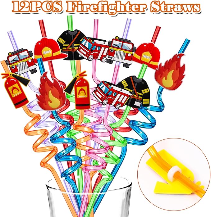 98 Firefighter Party Favors Fire Truck Birthday Decorations Straw Bubble Slap Bracelet Keychain Sticker Kid Boy Toy Accessories Fireman Party Supplies Gift Prize Goodie Bag Stuffers