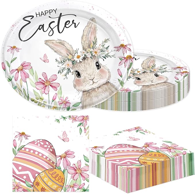 50PCS Easter Party Supplies Happy Easter Party Decorations Vintage Bunny Flower Paper Plates Napkins Cute Rabbit Wlidflower Themed tableware for Spring Holiday Picnic Serve 25