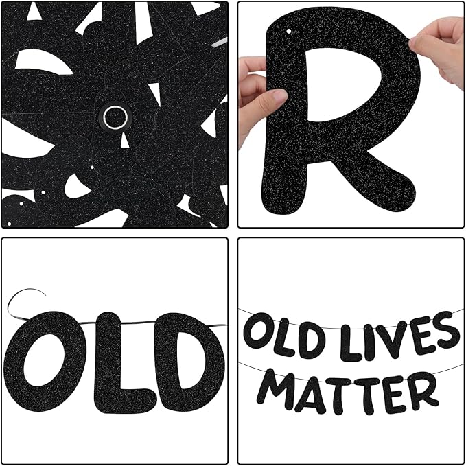Pre Strung Old Lives Matter Banner 9.84 ft Funny Birthday Glitter Black Banner for Men Women Retirement Party Decorations 80th 70th 60th 50th 40th Retirement Party Garland Bunting Decorations