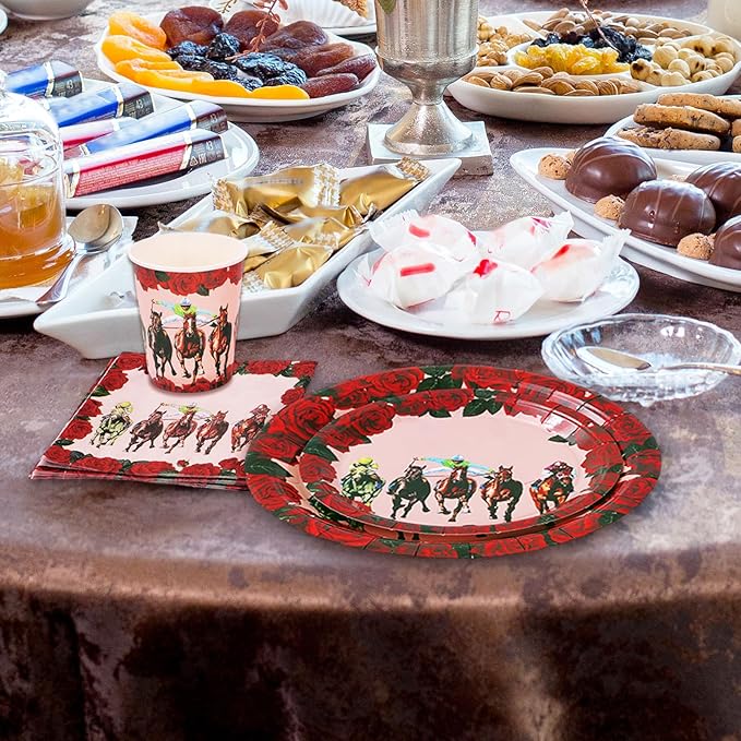 Whaline 96Pcs Derby Day Party Tableware Set with Paper Plates Napkins Cups Horsing Racing Derby Party Disposable Dinnerware Set for Horse Race Party Table Decor