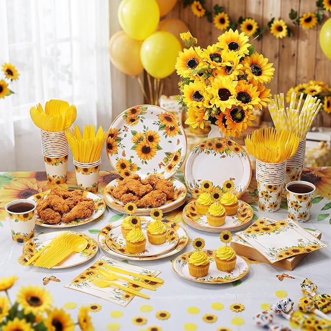 Zhehao 101 Pcs Sunflower Party Tableware Set Yellow Floral Party Supplies Includes 50 Paper Plates, 50 Napkins and 1 Tablecloth for Birthday Wedding Bridal Shower Baby Shower Decorations