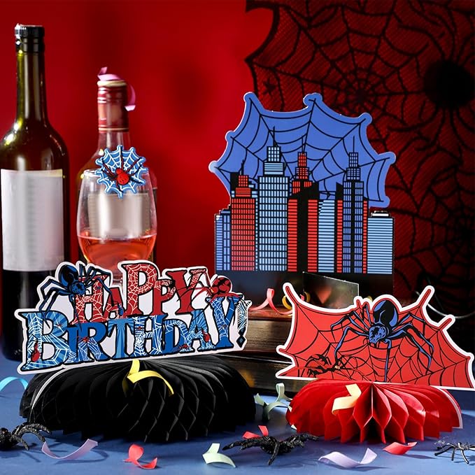 Outus 9 Pcs Spider Birthday Party Decorations Spider Honeycomb Centerpiece 3D Table Topper Standing Decorations Hero Web Theme Party Supplies for Birthday Shower Table Decor Indoor