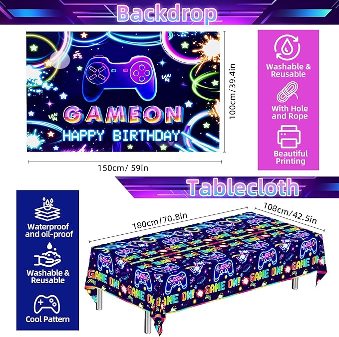 Video Game Birthday Decorations for Boys, Happy Birthday Banner Backdrop, Gaming Tablecloth, Blue Purple Balloon Arch Kit, Cake & Cupcake Topper, Kid Gamer Birth day Decorations Party Supplies