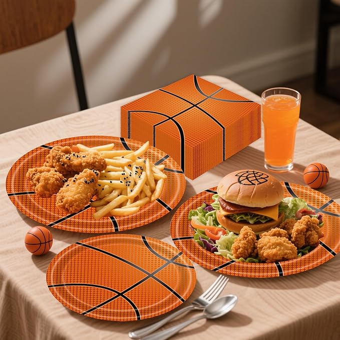 96 Pcs Basketball Paper Plates and Napkins Party Supplies, Basketball Birthday Party Plates Napkins and Forks Disposable Tableware Set for Sports Theme Party Decorations Serves 24 (Basketball)