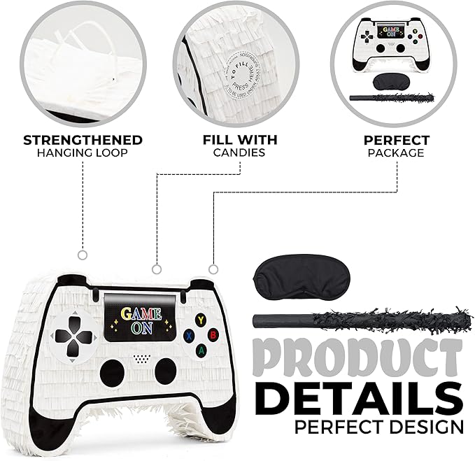 White Game Controller Pinatas Bundle with a Blindfold and a Bat(16.5 x 12 x 3.5 Inches), Perfect for kid's Birthday Parties, Mexican Theme Parties, Decorations