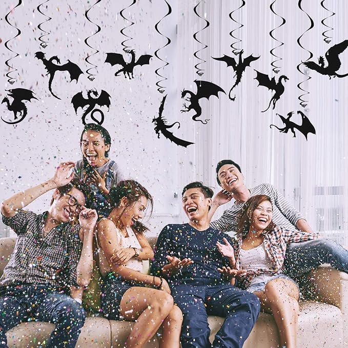 Sumind 30 Pcs Dragon Party Decoration Swirl Foil Hanging Ceiling Decoration for Dragon Themed Birthday Medieval Themed Party, 10 Designs(Black)