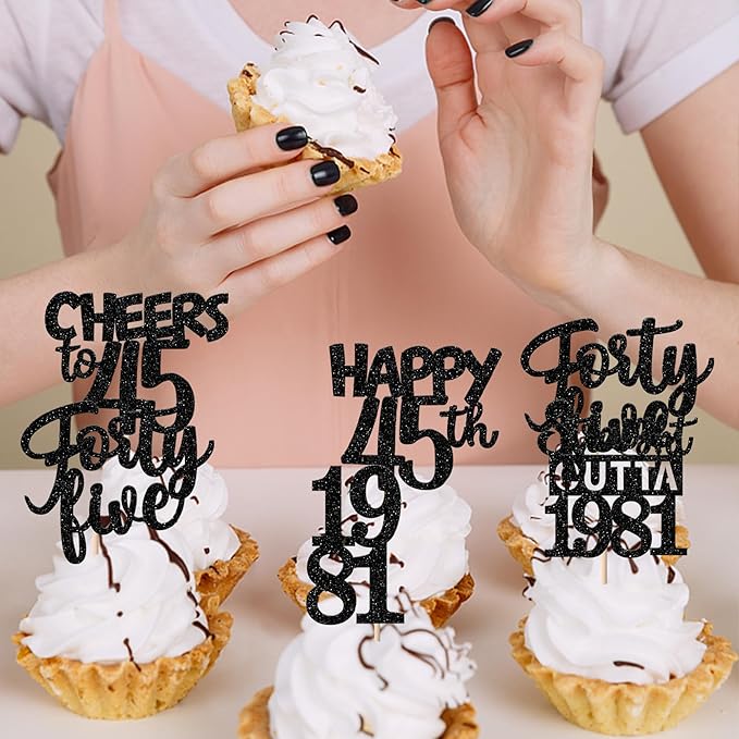 30PCS Black 45th Birthday Cupcake Toppers Glitter Forty Five Happy 45 Straight Outta 1981 Cupcake Picks for Cheers to 45 Years 45th Birthday Anniversary Party Cake Decorations Supplies