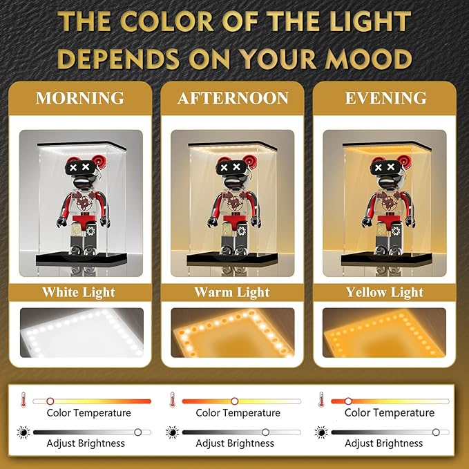 LANSCOERY Acrylic Display Case with Adjustable Yellow/White/Warm LED Light, UV Protection Clear Display Box, Dustproof Showcase for Action Figures, Models, Collectibles - 5.9x7.1x13.8inch