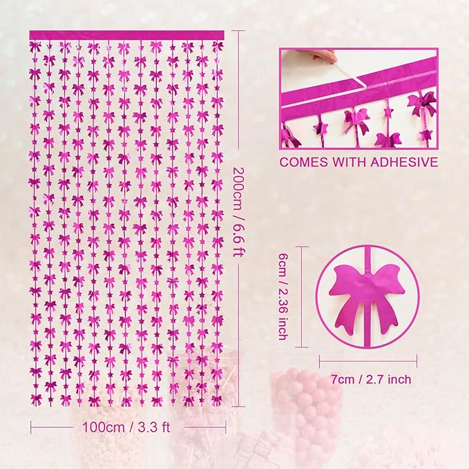 Bow Party Decorations, 2 Pack Hot Pink Birthday Party Supplies, 3.3 X 6.6 ft Foil Fringe Curtains, Pink Bow Photo Booth Props Photo Backdrop for Birthday, Bachelorette, Girls Party Decor