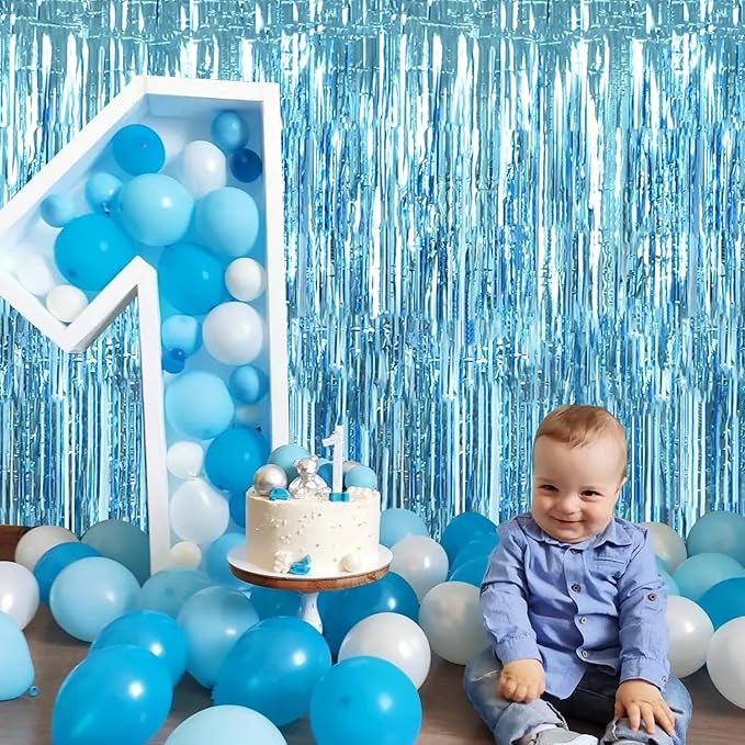 TONIFUL 3Pcs Light Blue Door Streamers,Light Blue Photo Booth Backdrop Metallic Streamers Foil Fringe Curtains for Birthday,Christmas,New Year,Bachelorette,Grad Party Streamers Decor(9.9ft x 6.6ft)