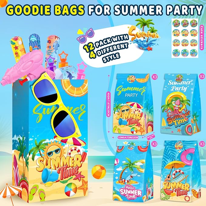 Pool Party Favors - 132PCS Summer Beach Toys for Kids Include Balls, Sunglasses Bulk, Bubble Wands - Party Supplies for Summer Birthday 4-8 8-12