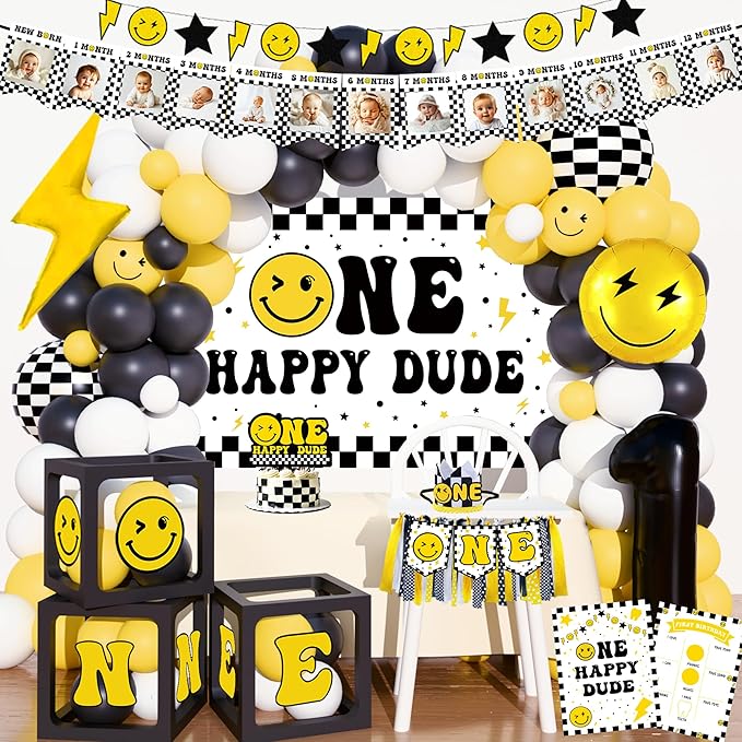 One Happy Dude Birthday Decorations,One Cool Dude 1st Party Decorations,One Happy Dude 1st Birthday Party Supplies,Dude First Backdrop Balloon Arch Garland Banner for 1st Boy