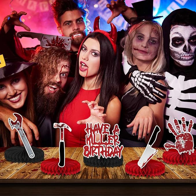 8 Pcs Have a Killer Birthday Party Decoration, Halloween Horror Theme Honeycomb Centerpieces 3D Double Sided Table Decorations for Bloody Horror Movie Birthday Party Supplies Decor