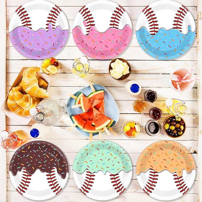 60Pcs Ice Cream Drip Baseball Party Decorations 7 Inch Baseball Ice Cream Paper Plates Sports Themed Dessert Plates Disposable Tableware for Team Celebration Birthday Game Day Party Supplies