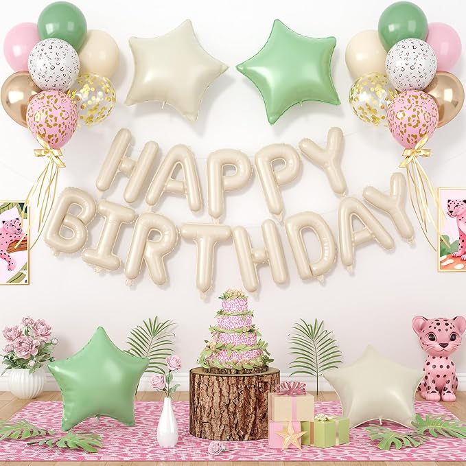 29PC Cream Pink Leopard Happy Birthday Balloon Banner, 16Inch 3D Aluminum Letter Banner Sign, White Pink Cheetah Printed Balloons 18 Inch Green Star Foil Balloon for Forest Party Decorations
