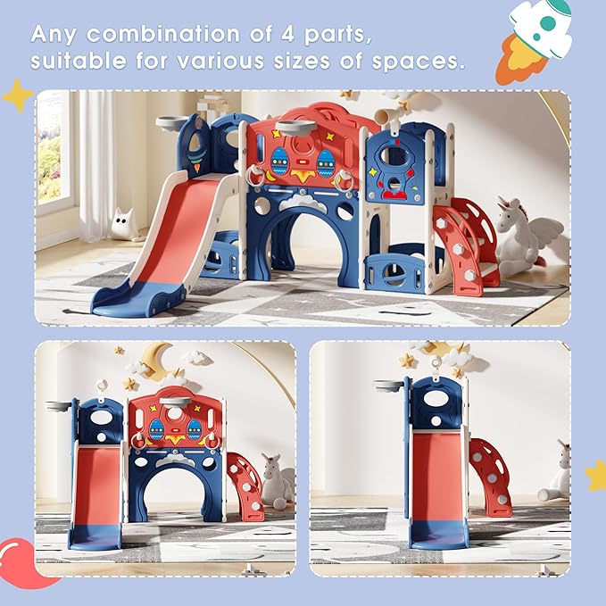 9-in-1 Castle Amusement Playground Playhouse, Indoor Outdoor Playset for Toddlers Age 1-3, Backyard Climber Play Set Slide for Kids Baby (Blue)