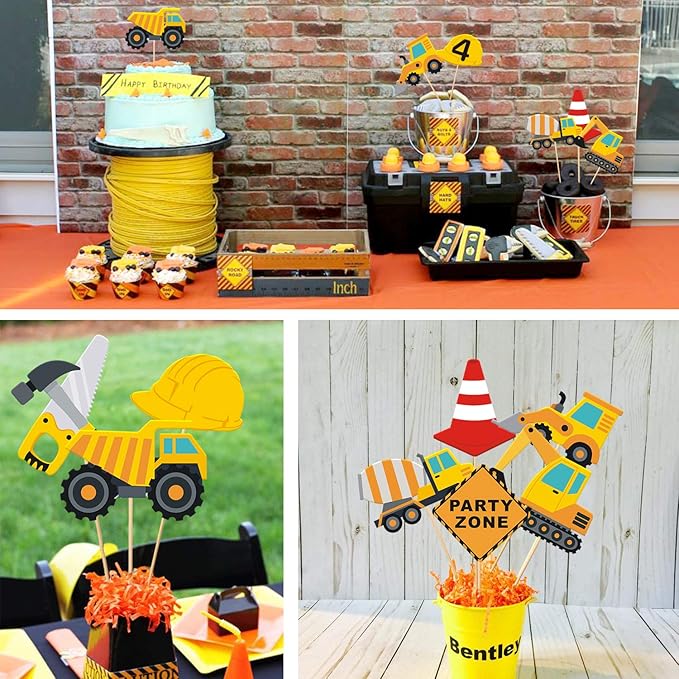 Faisichocalato 16pcs Construction Party Centerpiece Dump Truck Car Table Topper Decoration Zone Birthday Party Supplies