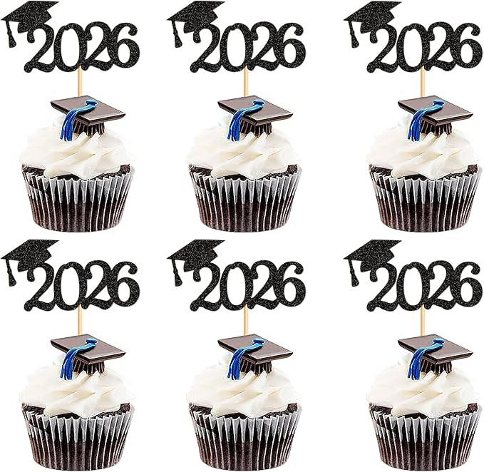 24Pcs graduation cupcake toppers 2026, Food/Appetizer Picks For Graduation Party Mini Cake Decorations, 2026 Cupcake Toppers(Black)