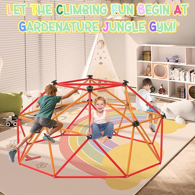 Gardenature 6FT Climbing Dome for Kids 3-8, Jungle Gym for Indoor and Outdoor, Geometric Dome Climber Supporting 880 Lbs Anti-Rust Metal Play Structure, Kids Gift Toys, ASTM Approved, Red & Orange