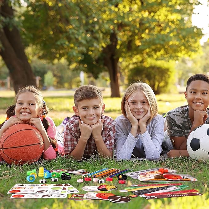 168 Pcs Sports Party Favors Sports Theme Party Supplies Football Basketball Baseball Soccer Stationery Set Notebook Sticker Stamper Eraser Ruler Pencil for Baby Shower Birthday Gift Prize