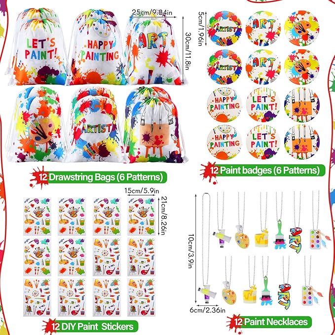 Jenaai 102 Pcs Art Paint Party Favor Supplies Set Gift Includes 12 Drawstring Backpacks 12 Bracelets 12 Badges 12 Keychains 18 Spiral Notepads 12 Pencils 12 Stickers 12 Necklaces