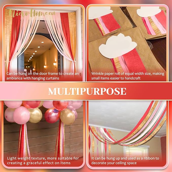 NICROHOME EUR Valentine's Day Decorations, 8 Rolls Pink Red Crepe Paper Streamers for Galentine's Day, Baby Bridal Shower, Birthday Party, Wedding Decorations, 82 Ft Long