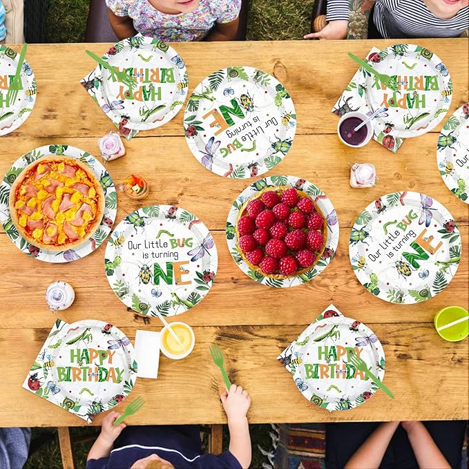 96 Pcs Bug One Birthday Party Decorations Ladybug 1st Birthday Themed Paper Plates and Napkins Spring Natural Bug Tableware Set for First Kids Boys Girls Baby Shower Party Supplies Serves 24