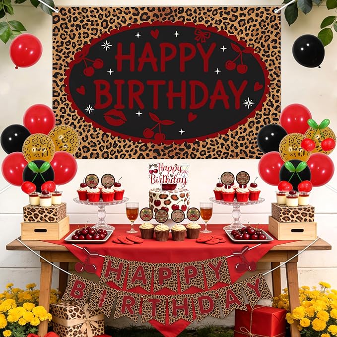 Cheereveal Cheetah Cherry Birthday Party Decorations Kit, Happy Birthday Leopard Backdrop Banner, Cherry Cake Topper Cupcake Picks, Safari Red Black Leopard Print Balloons for Girls Women Bachelorette
