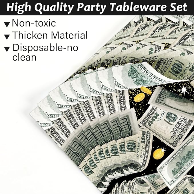 gisgfim 96PCS Money Birthday Party Supplies Paper Plates Napkins Money Decorations Tableware Set Disposable Hundred Dollar Bills Birthday Party Decorations Favors for Adults Serves 24