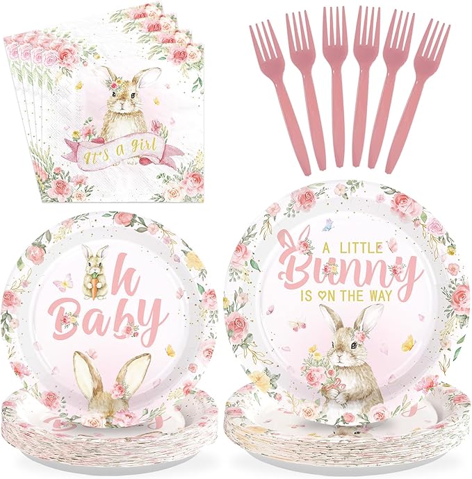96 Pcs Easter Bunny Baby Shower Party Supplies A Little Bunny is on The Way Plates and Napkins Disposable Pink Floral Rabbit Tableware Set for Girls Baby Shower Party Decorations Serves 24