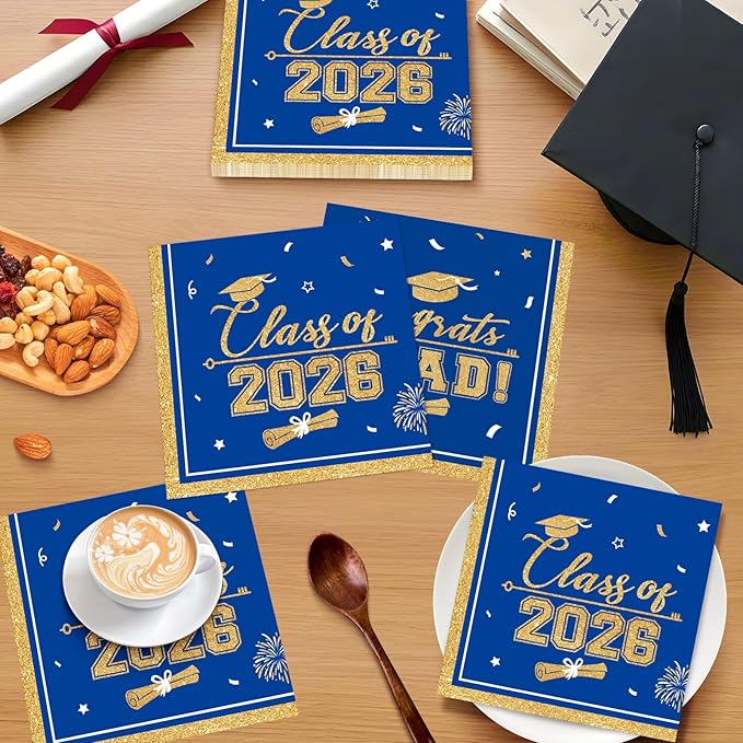 50 Pcs Graduation Napkins Class of 2026 - Blue Gold Congrats Grad Napkins Set, 3-Ply Disposable Graduation Luncheon Dinner Party Paper Napkins for Graduations Party Supplies Table Decoration