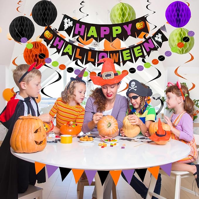 Halloween Party Decorations, Happy Halloween Banner with Honeycomb Balls Paper Circle Garland Triangle Bunting Flag Swirl Streamers for Party Supplies