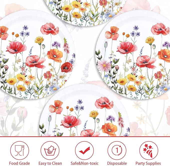 50Pcs Poppy Floral Party Supplies 9" Heavy Duty Watercolor Wildflowers Paper Plates Disposable Red Poppy Flowers Platter for Seasonal Bridal Shower Birthday Wedding Picnic Party Decorations